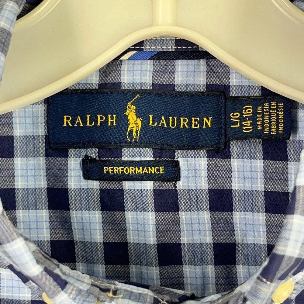 Ralph Lauren Boys Performance Dress Shirt L 14/16 Blue‎ Plaid Pony Formal School